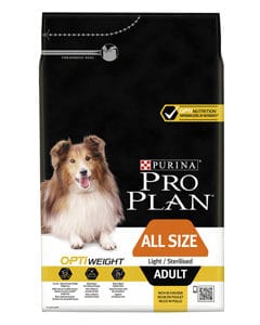 Saco de pienso de Purina Pro plan con una receta especial para perros son sobre peso